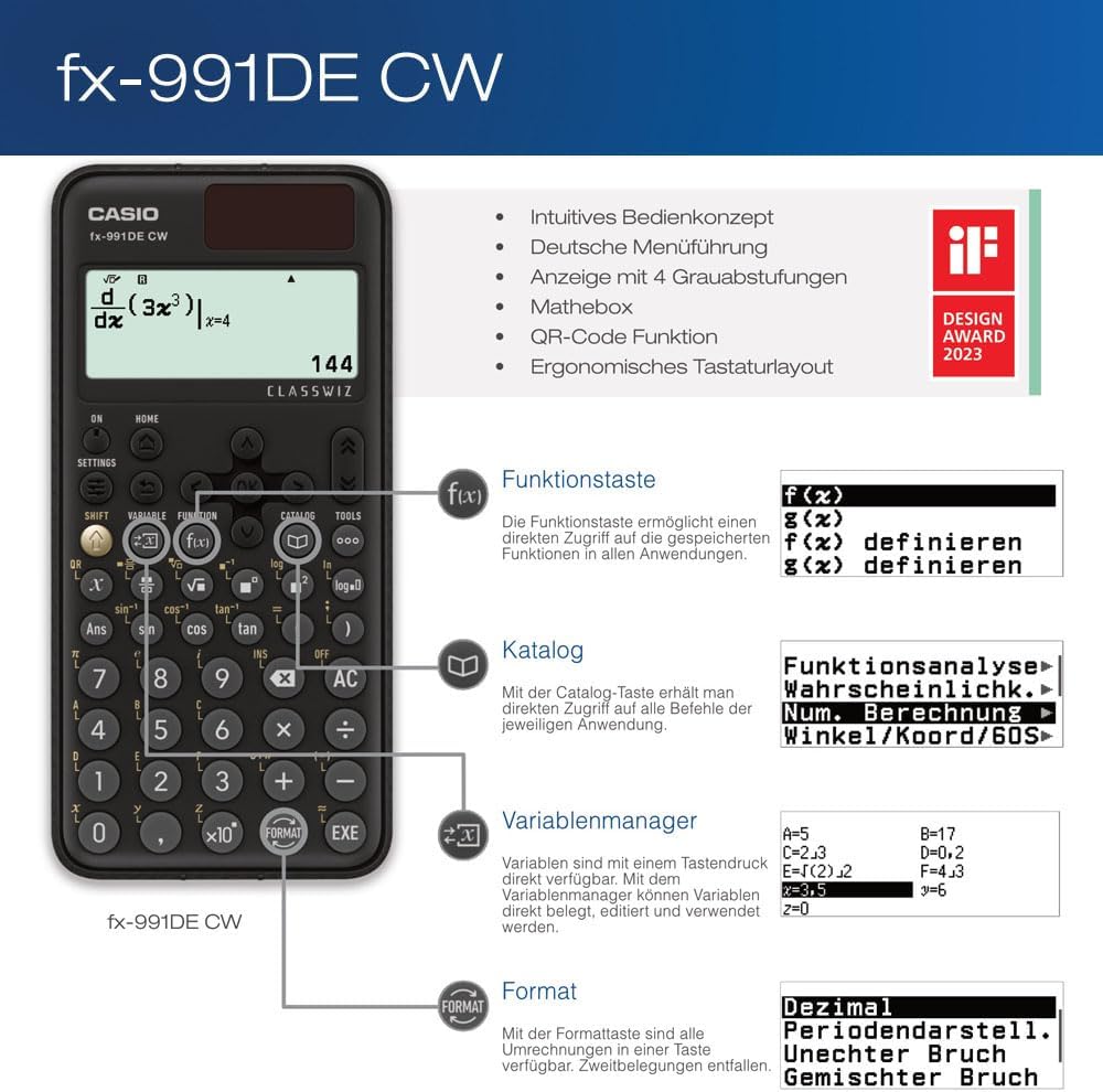 Casio FX-991DE CW ClassWiz Technical Scientific Calculator with Protective Case, German Menu Guide (Limited Edition) – Bild 3