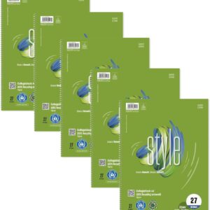Staufen Ursus Style College Notepad, Pack of 5, DIN A4, Line Style 27 (9 mm Ruled with Margins), 80 Sheets, 4-Hole Punch, Premium White 70 g/m² Recycled Paper, Green