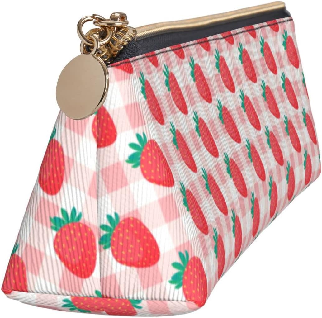 Pink Strawberries Green Leaves Pencil Case Triangle Pencil Case Portable Pencil Case Leather Organizer with Zipper Cosmetic Bag, Green, pink, Bag organiser – Bild 3