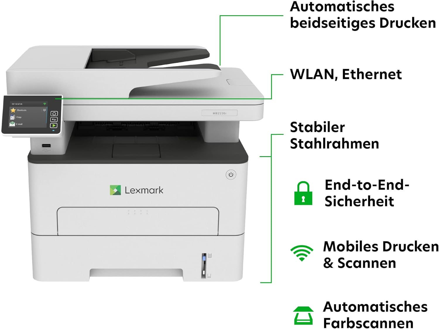 Lexmark MB2236i 3-in-1 Mono Laser Multifunction Device (Printer, Copier, Scanner, Wi-Fi, Network Connection, up to 34 ppm, Automatic Double-Sided Printing, 7.2 cm Touchscreen) White, Grey – Bild 2