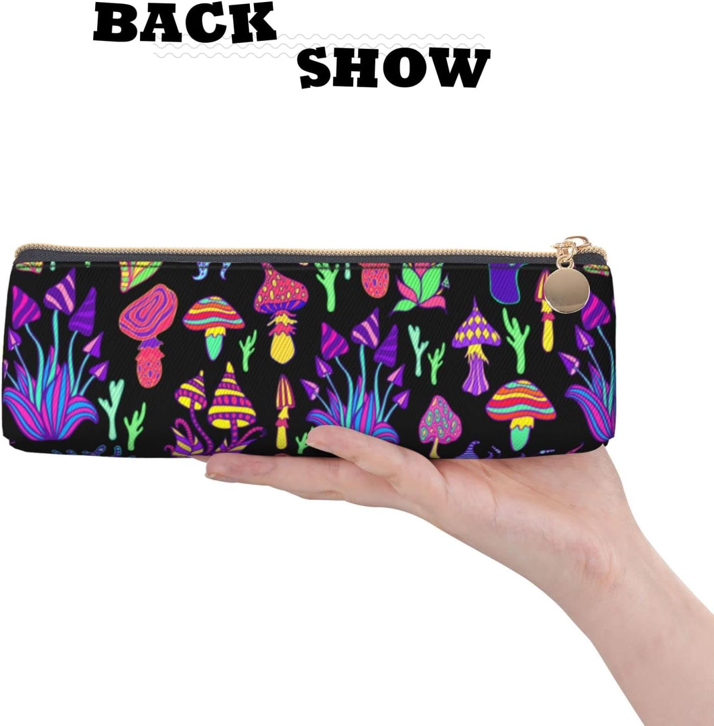 Psychedelic Magic Mushrooms Pencil Case, Triangle Pencil Case, Portable Pencil Case, Leather Organizer with Zipper, Cosmetic Bag, White, Bag organiser – Bild 4
