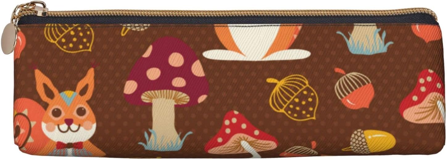 Cute Squirrel Mushroom Pencil Case Triangle Pencil Case Portable Pencil Case Leather Organizer Zipper Cosmetic Bag, White, Bag organiser – Bild 2