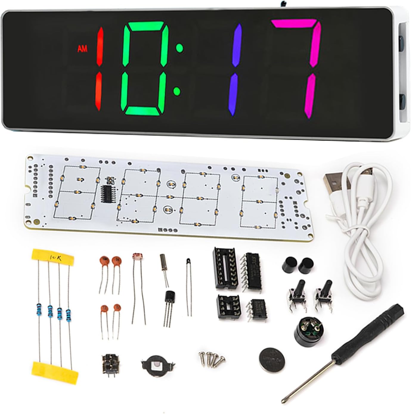 EIELE Digital Clock Soldering Exercise Set Enlarged Colour LED Display Temperature Measurement Automatic Brightness Adjustment Soldering Learning Program for Students and Beginners (Soldering Required) White
