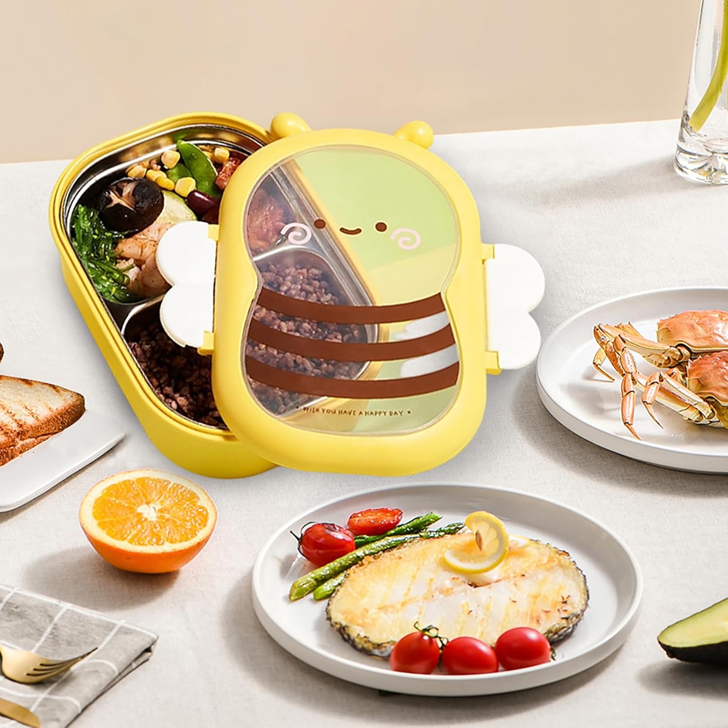 LUPATDY Children's Lunch Box with Compartments, Cartoon Bee Lunch Box Children Adults, Stainless Steel Leak-proof Lunch Box, Small Lunch Box for Picnic, Work, School, Nursery – Bild 7