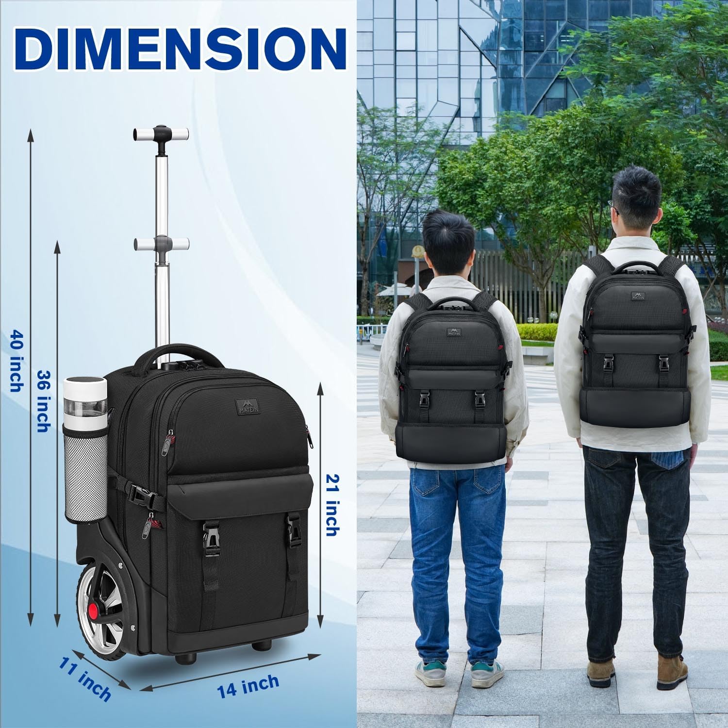 MATEIN Trolley Backpack with Wheels, 17.3 Inch Trolley Backpack with Large Wheels, 50 L Travel Backpack with Wheels Including USB Charging Port & Combination Lock, Waterproof for Work Travel, Black – Bild 6