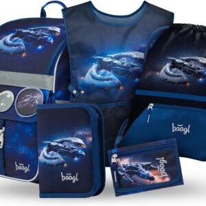 Baagl School Bag Boys Girls Set of 5 (Zippy School Bag for 1st Grade, Pencil Case, Gym Bag, Apron, Neck Pouch), Primary School Satchel, Ergonomic School Backpack, 18 L
