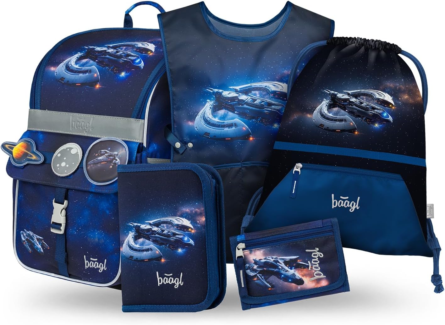 Baagl School Bag Boys Girls Set of 5 (Zippy School Bag for 1st Grade, Pencil Case, Gym Bag, Apron, Neck Pouch), Primary School Satchel, Ergonomic School Backpack, 18 L