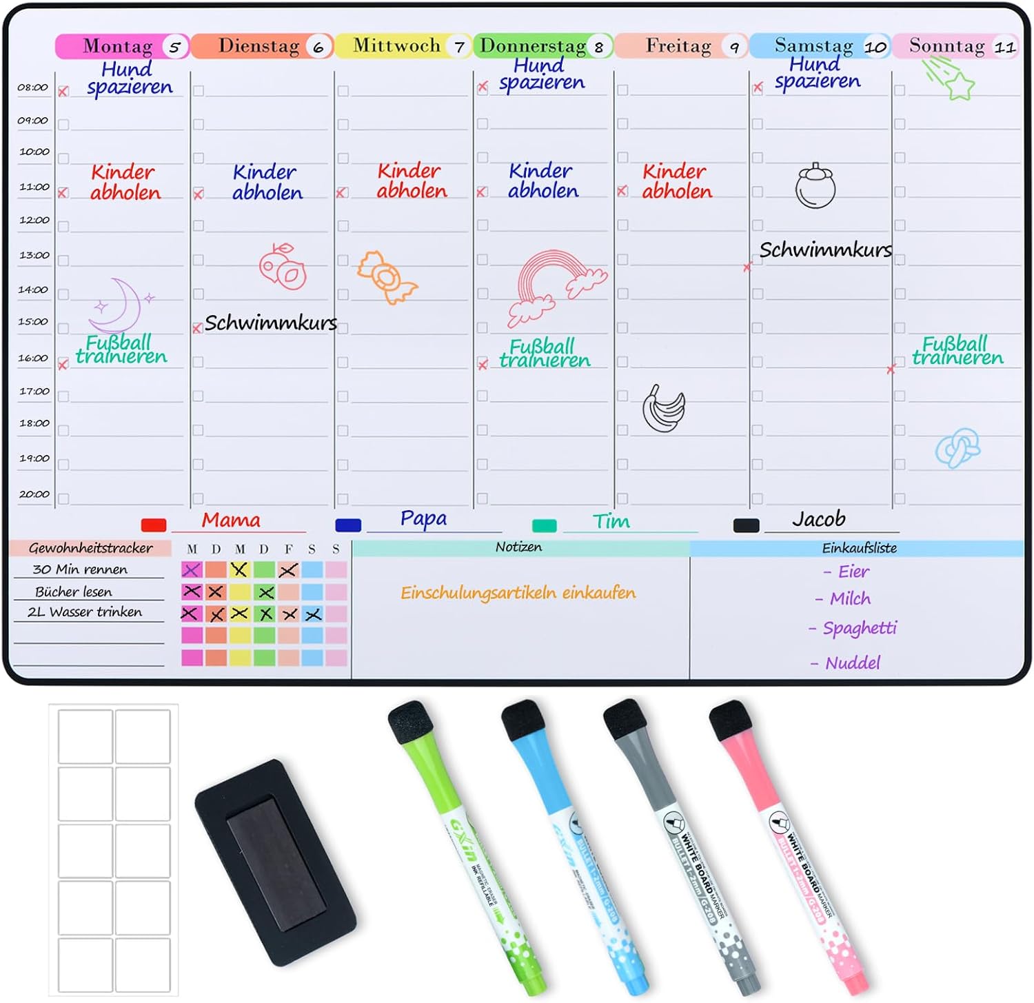 POPRUN Magnetic Whiteboard Weekly Planner Wipe Clean Family Planner Planning Board Household Plan Menu Planner Magnetic Board for Fridge Cleaning Plan Timetable for Office and School 42 x 28 cm in