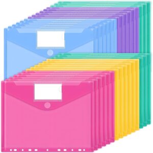 A4 Document Wallet Pack of 30, 6 Colours Document Folder, Waterproof Folders with 11 Holes, Velcro Fastening and Label Pockets, Transparent Document Sleeves for Documents Organising