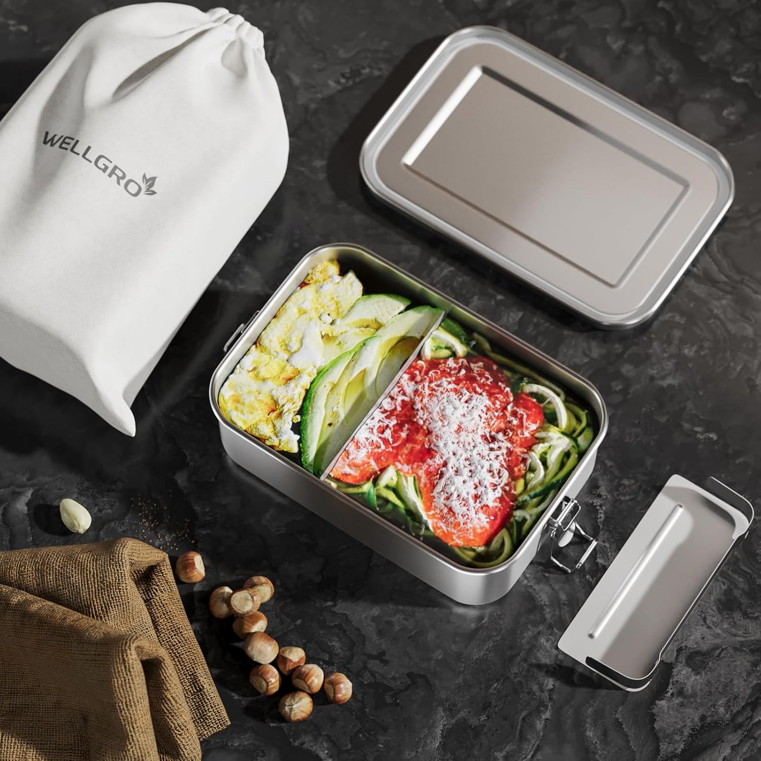 WELLGRO Stainless Steel Square Containers - 550 ml 850 ml 1400 ml 2400 ml Leak-Proof Metal Lunch Box Lunch Box Capacity 1400 ml – Bild 2