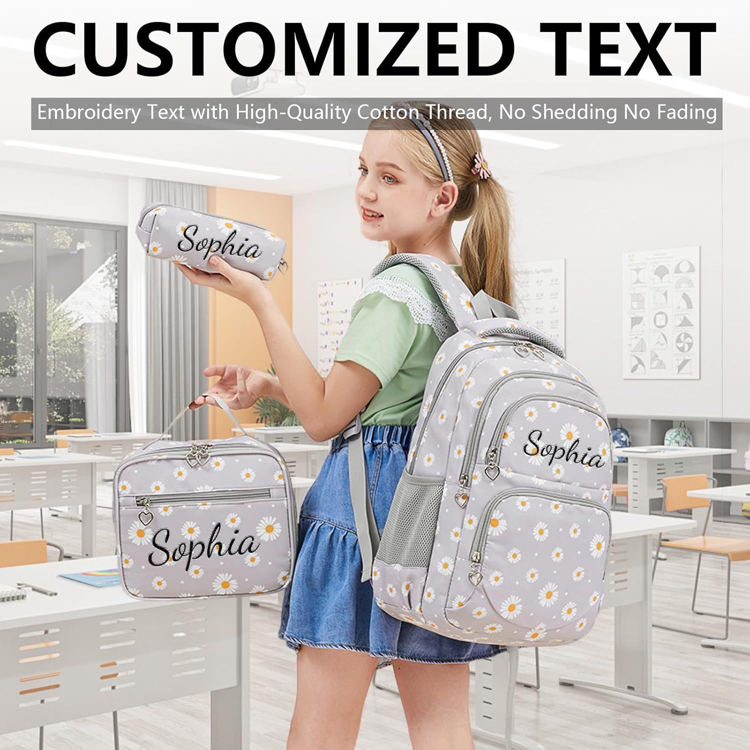 Personalised School Backpack Teenager Girls Set with Name Embroidery, 3-Piece School Bag 2nd to 5th Class with Lunch Bag Pencil Case, Children's Backpack School Waterproof & Lightweight School Bag – Bild 2