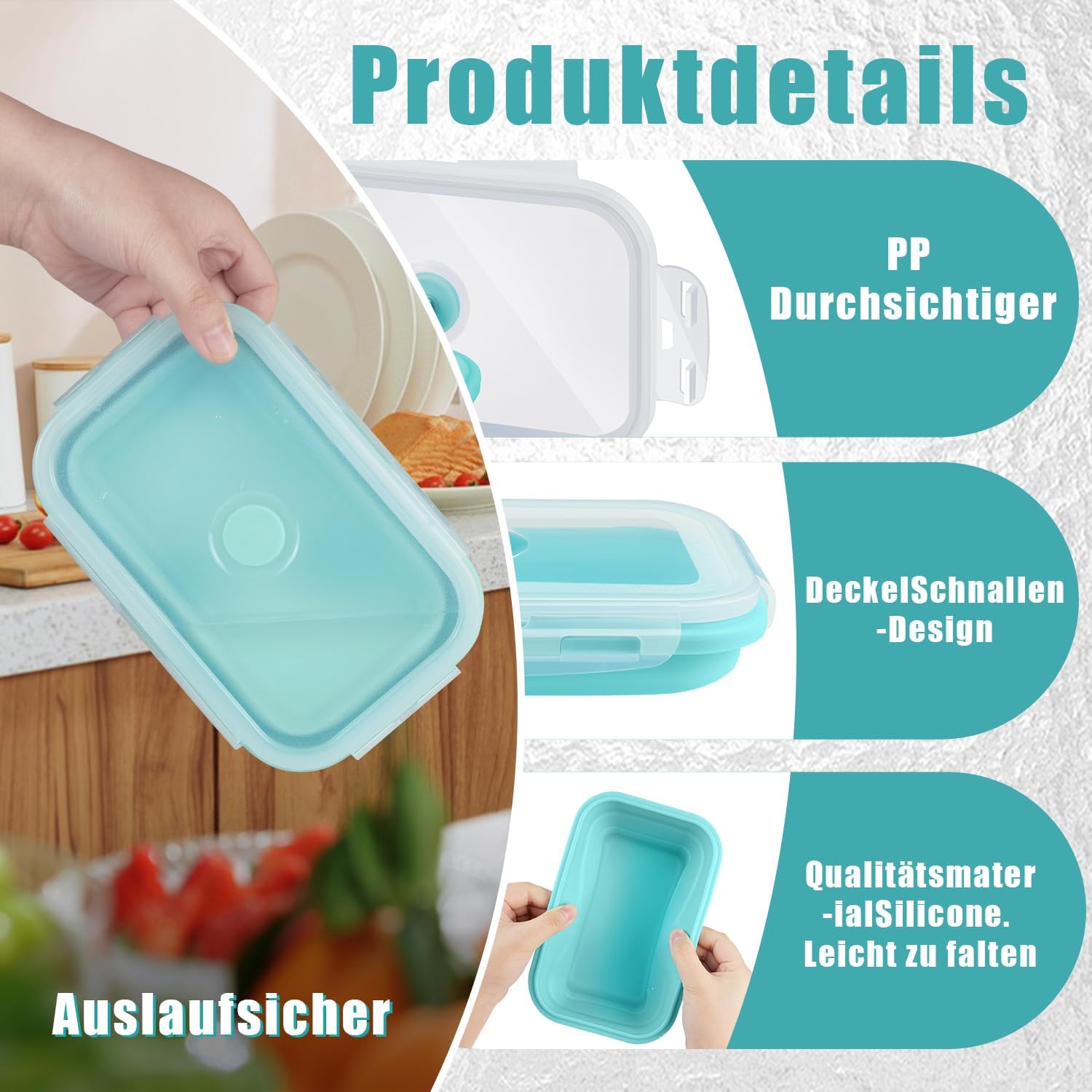 Foldable Lunch Box, Set of 2, 800 ml, Foldable Tupperware Set, Silicone Food Storage Containers with Lid for Food Storage, Meal Prep Boxes – Bild 3