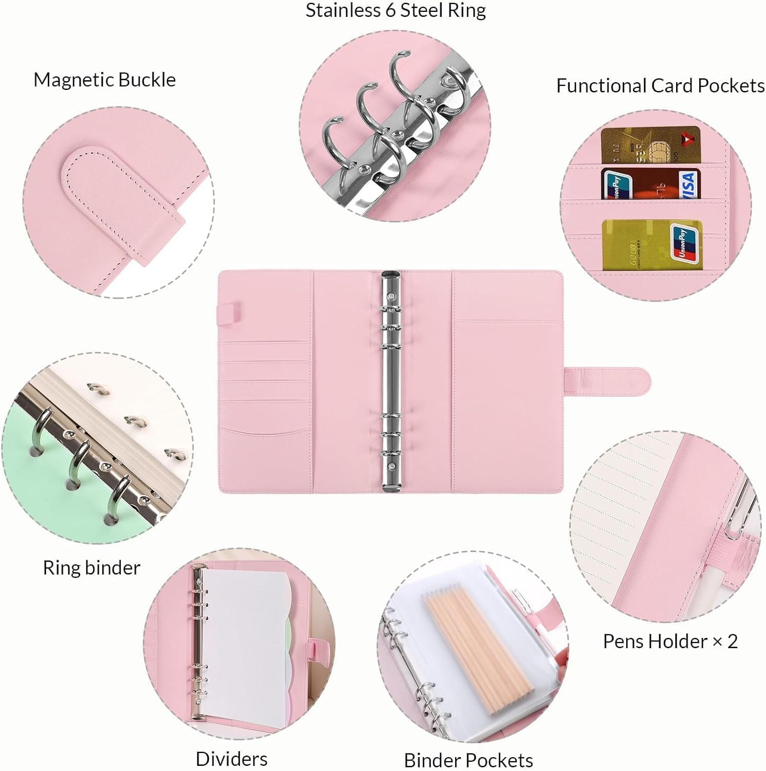 SKYDUE A5 Ring Binder, A5 Refillable, 135 Sheets Refill Paper, Notebook with Binder Pockets, A5 Binder for School Notes and Travel Journals (Light Pink) – Bild 5
