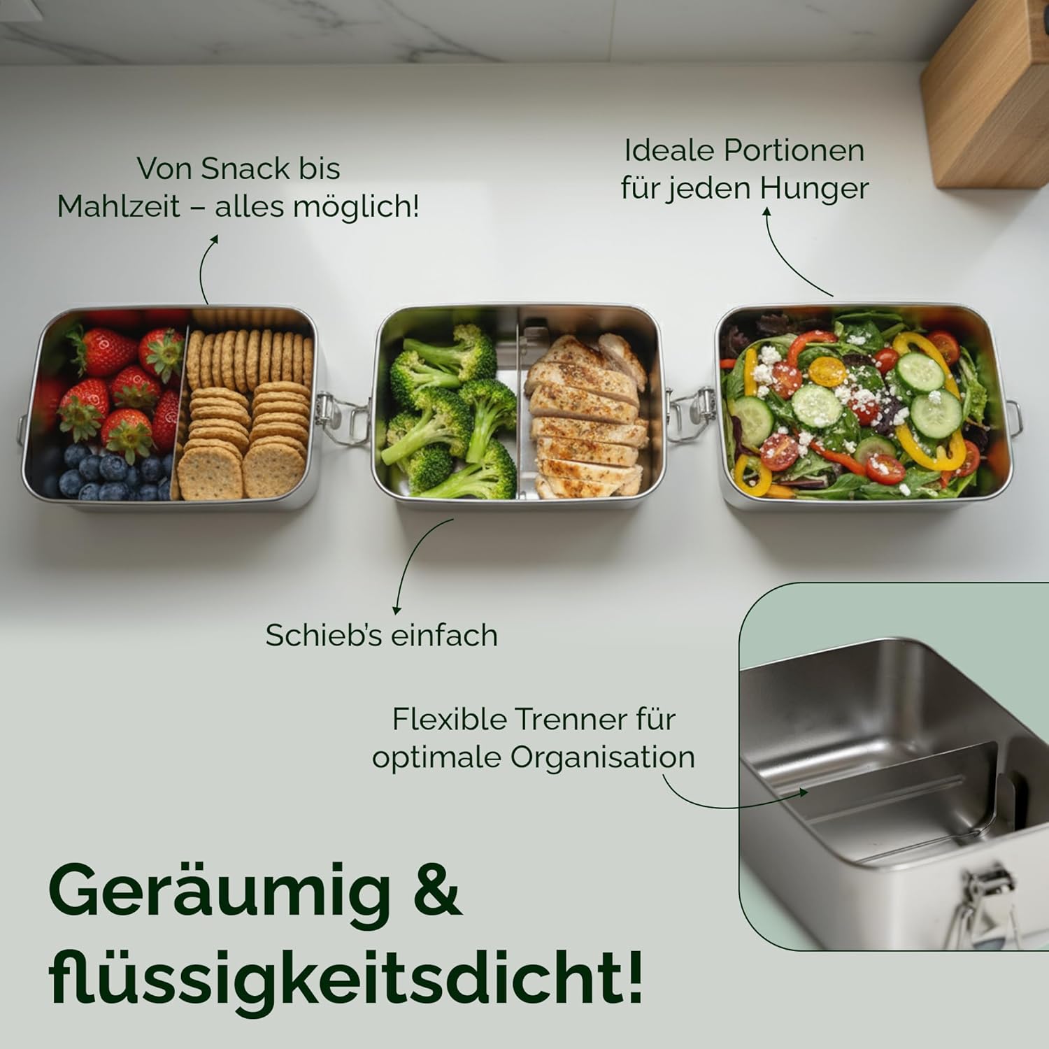 Premium Stainless Steel Lunch Box - Sustainable & Plastic-Free Lunch Box with Divider, Replacement Seal & Transport Bag, Durable Metal Lunch Box for School, Work & On the Go (1000 ml) – Bild 5
