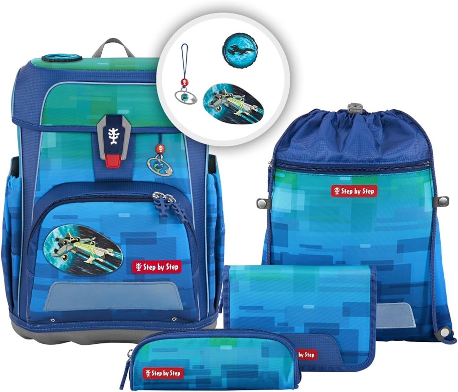 Step by Step Cloud Ocean Space Craft Spike School Bag Set, 5 Pieces, Yellow/Blue, Spaceship, Ergonomic Satchel with Reflectors, Height Adjustable, Waist Belt, 1st to 4th Grade, 19L