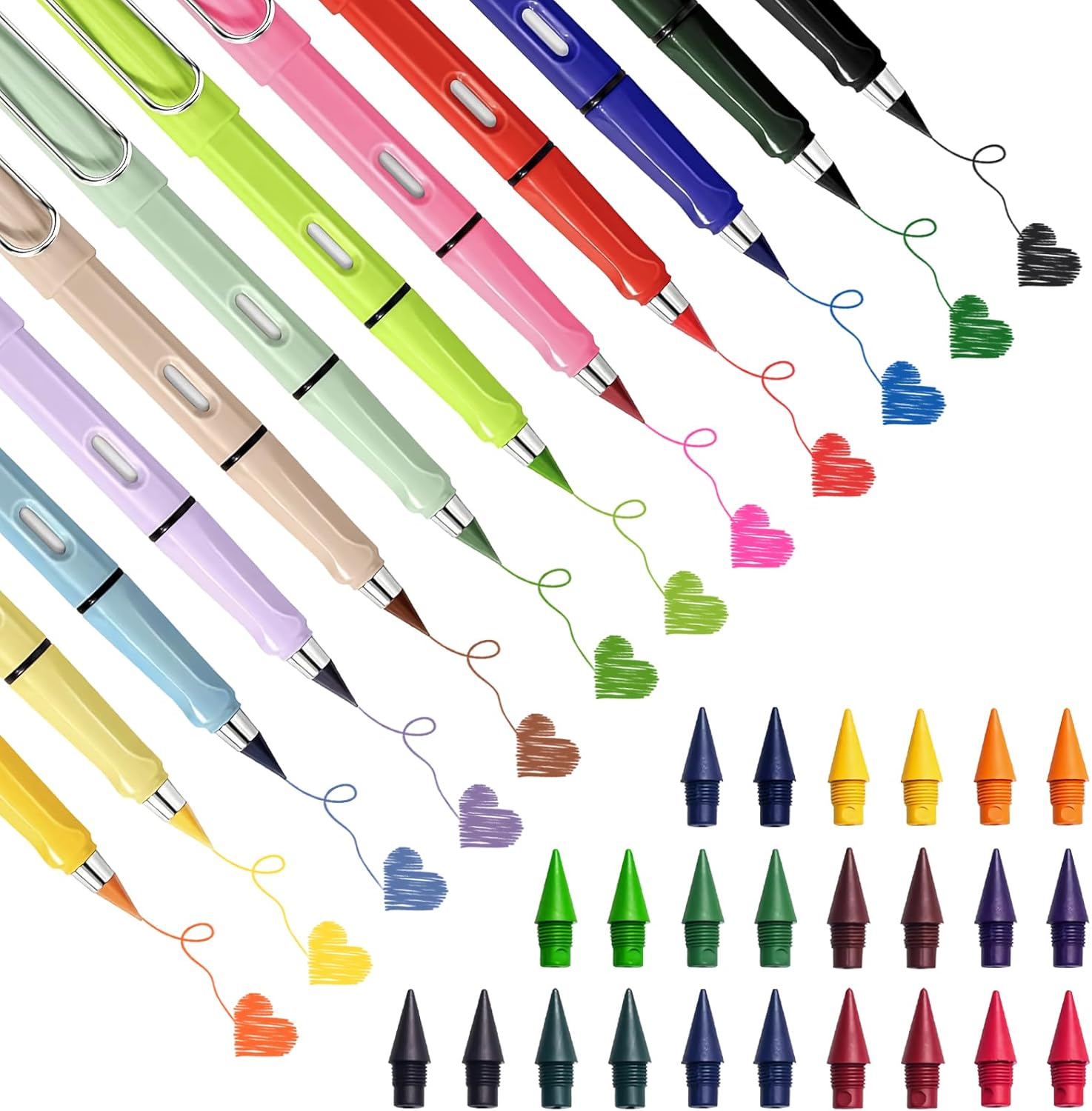 Eternal Pencil, Pack of 12 Swify Magic Pencil with 24 Interchangeable Heads, Colourful Inkless Colouring Pencils with Eraser, Infinity Pencil for Adults, Students and Artists
