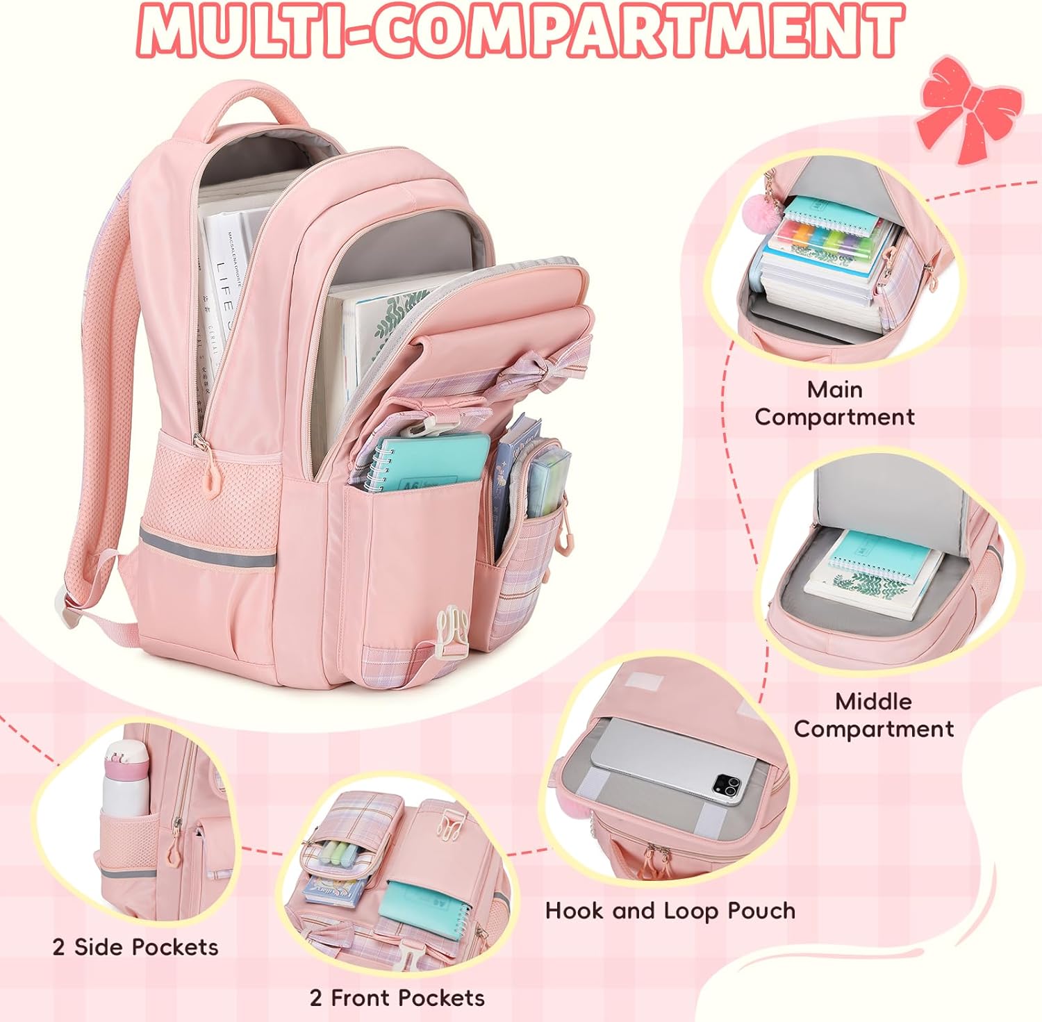 Tanou School Backpack Girls Children's Backpack Waterproof Backpack Teenager Daypack Kawaii Checked School Bag for Girls 9-16 Years with Trolley Strap – Bild 3