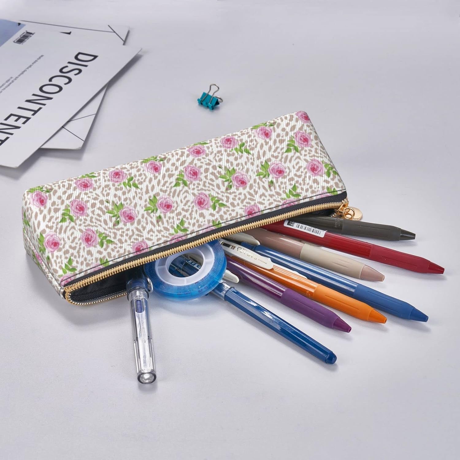 Federmäppchen mit Leoparden- und Rosen-Blumenmuster, Kosmetiktasche, Stifttasche, dreieckiges Leder, Aufbewahrungstasche mit Reißverschluss, Schreibwaren-Organizer für Erwachsene im Büro – Bild 7