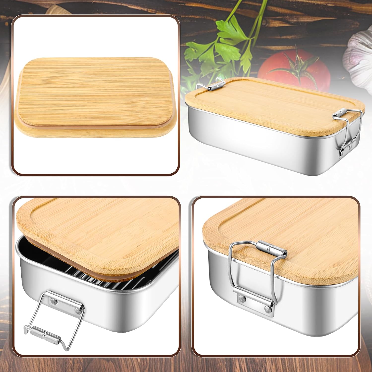 SHUESS Set of 2 Stainless Steel Children's Lunch Box 700 ml with Bamboo Lid - Leak-proof Metal Lunch Box Stainless Steel Reusable - Lunch Boxes, Lunch Box Stainless Steel Metal for School Adults – Bild 3