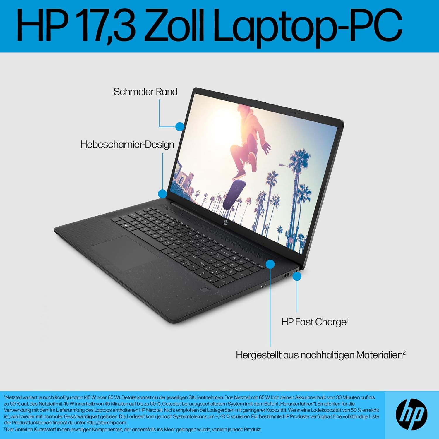 HP Laptop with 17.3" FHD Display, AMD Ryzen 3 7320U, 8GB DDR5 RAM, 512GB SSD, AMD Radeon Graphics, Windows 11, QWERTZ, Black with 25GB Dropbox Memory for 12 Months – Bild 10