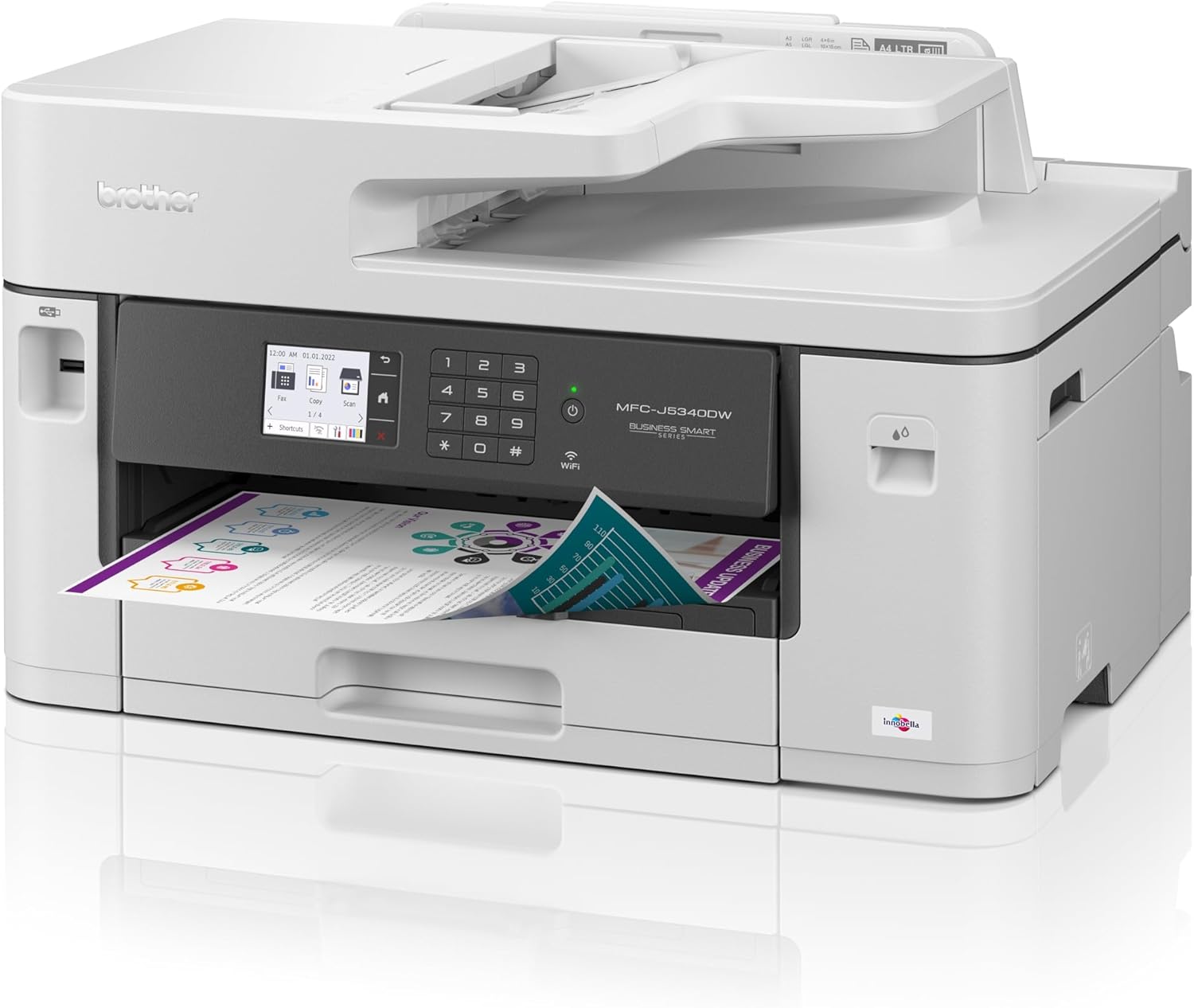Brother MFC-J5340DW 4-in-1 Colour Inkjet Multifunction Device, White, Medium, 250 Sheet Paper Cassette, 50 Sheets ADF.