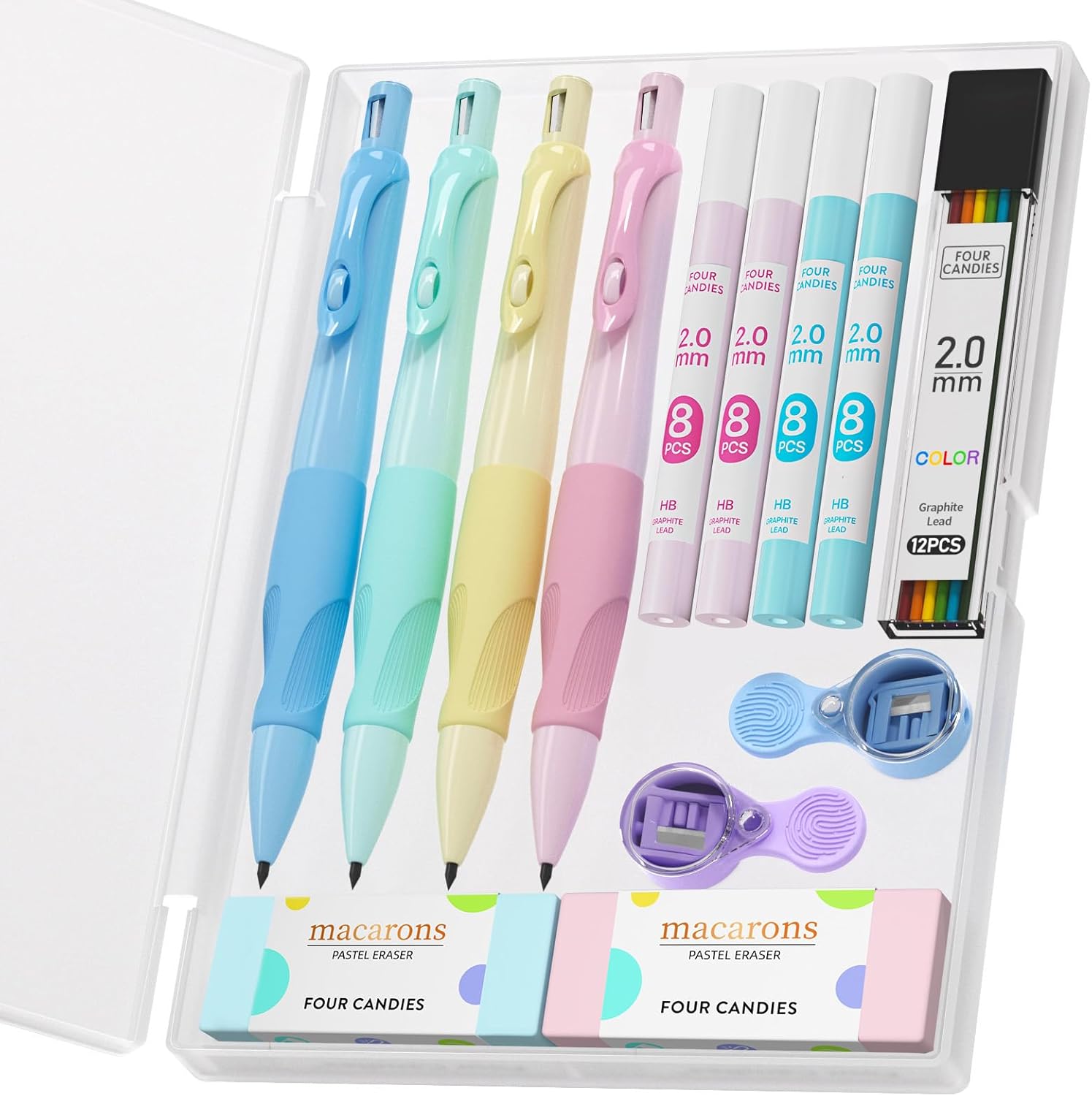 Four Candies Ergonomic Mechanical Pencil Set, 4 Cute Mechanical Pencils 2 mm with 44 HB Pencil Leads, 2 Sharpeners/Erasers, Lead Pencil Set for Writing and Drawing