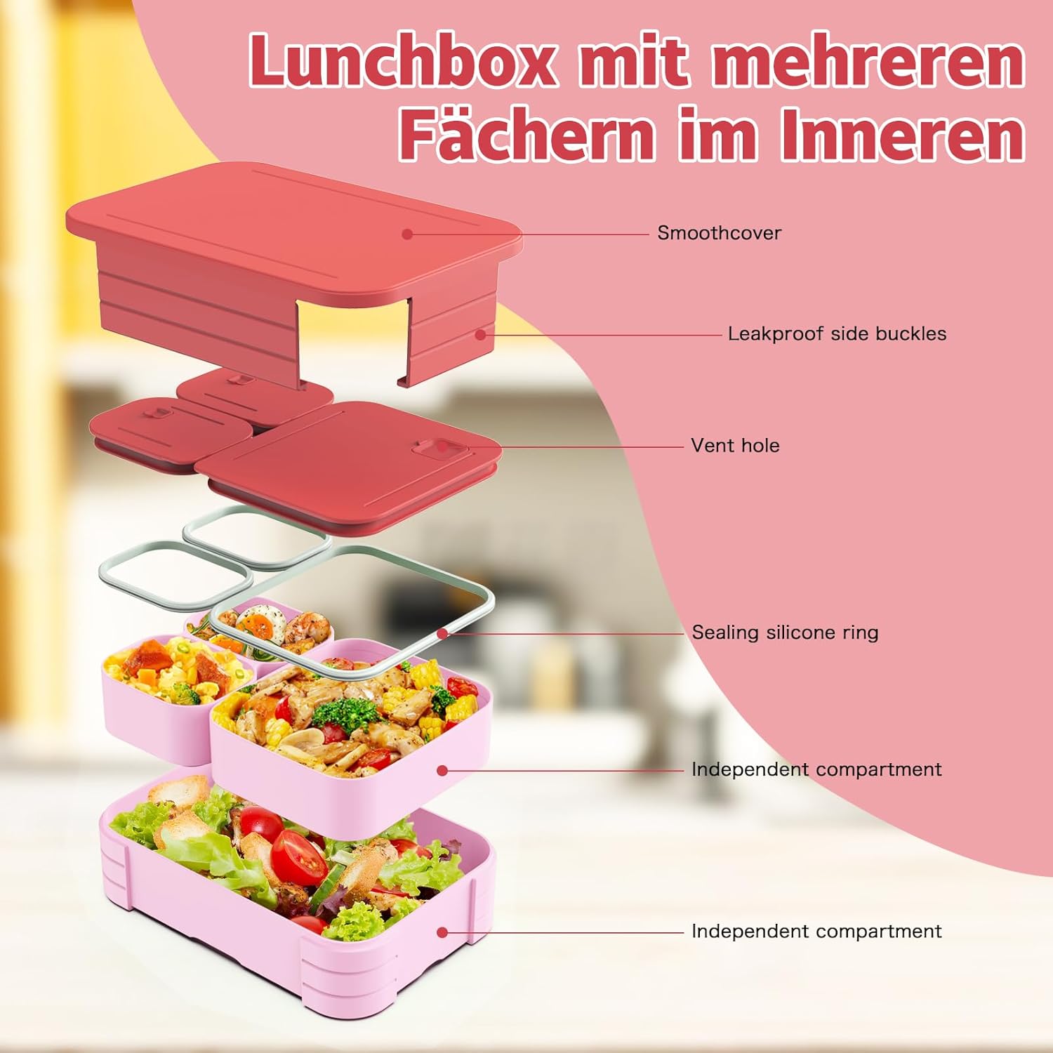 Children's Lunch Box with Compartments, Leak-Proof 3-in-1 Bento Box, Children's Lunch Box, Leak-proof Compartments, Lunch Box for Girls and Boys, Microwave/Dishwasher Safe (Pink) – Bild 6