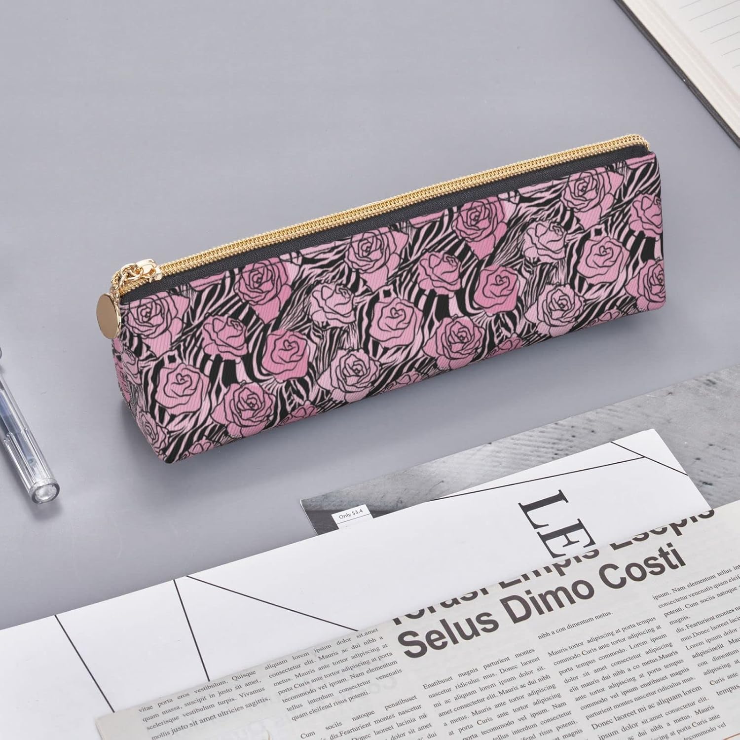 Federmäppchen mit Leoparden- und Rosen-Blumenmuster, Kosmetiktasche, Stifttasche, dreieckiges Leder, Aufbewahrungstasche mit Reißverschluss, Schreibwaren-Organizer für Erwachsene im Büro – Bild 8