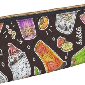 Federmäppchen mit niedlichem Cartoon-Blase-Tee-Muster, dreieckig, tragbares Federmäppchen, Leder-Organizer mit Reißverschluss, Kosmetiktasche