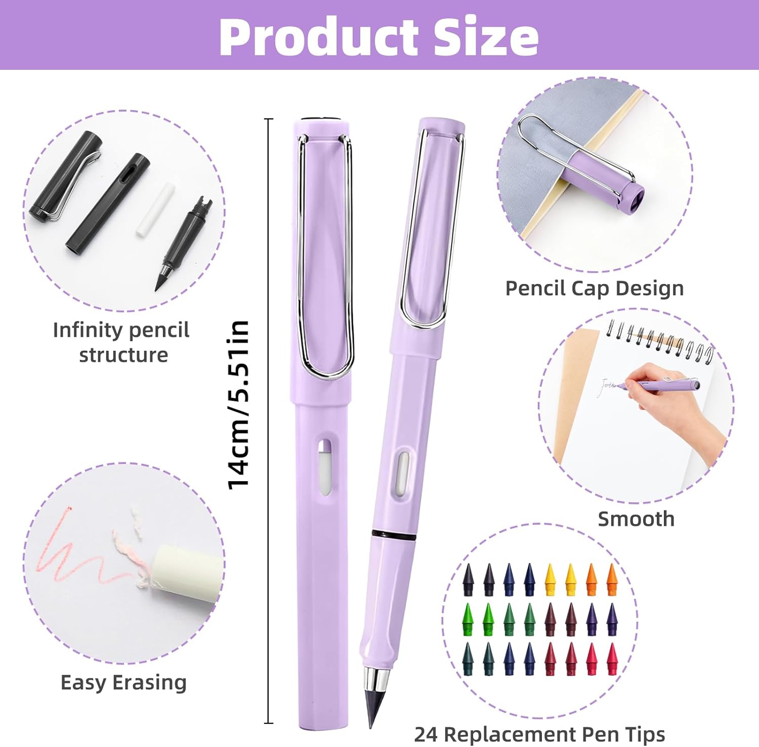 Eternal Pencil, Pack of 12 Swify Magic Pencil with 24 Interchangeable Heads, Colourful Inkless Colouring Pencils with Eraser, Infinity Pencil for Adults, Students and Artists – Bild 2