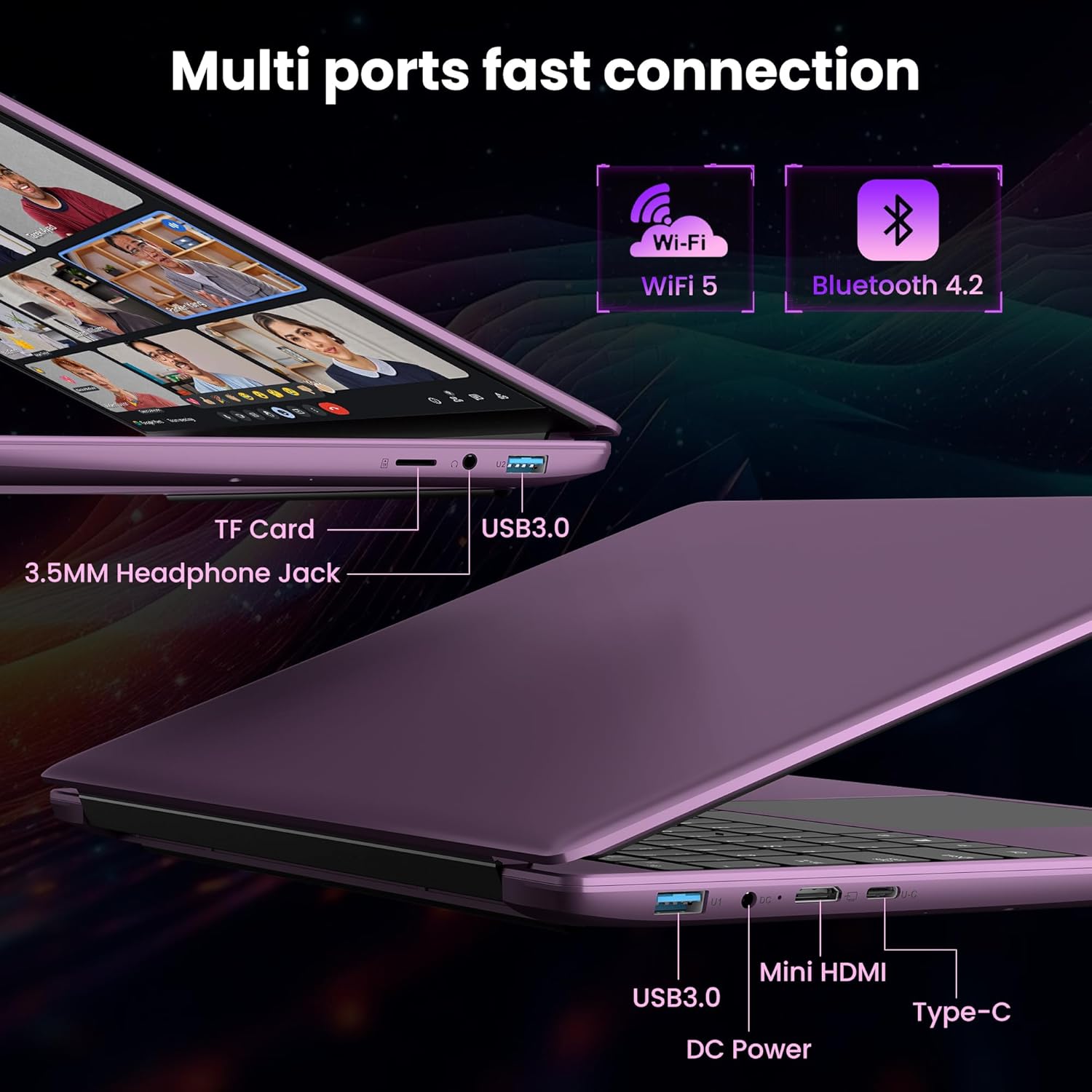 jumper Laptop 16 Inch IPS 1920 x 1200, Intel N150 (3.6 GHz), 16GB RAM 1TB SSD + 128GB eMMC Notebook, 2 Stereo Speakers, USB 3.0/Mini HDMI/38Wh Battery (Purple) – Bild 6