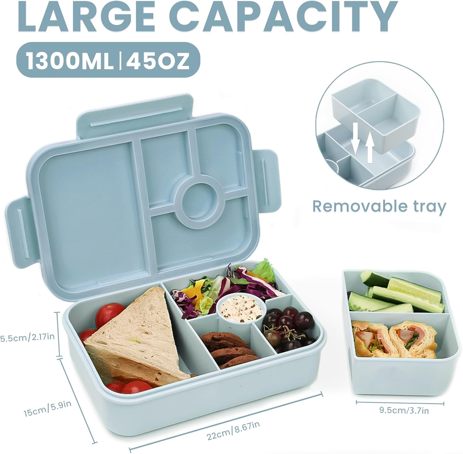 Bugucat Children's Lunchbox with Compartments, 1300 ml, Leak-Proof, Bento Box with Cutlery Set, Sandwich Box for Adults, Breakfast Box for Girls and Boys, Blue – Bild 2