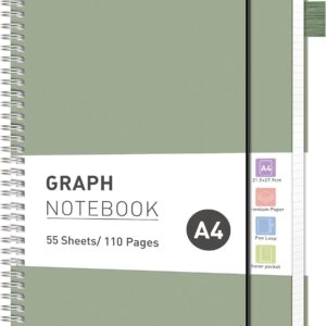RETTACY Notebook A4 Squared, College Pad with 55 Sheets / 110 Pages, PVC Softcover Spiral Book with 100 g/m² Paper, Suitable for Learning, College, Conferences, Diary, 21.5 x 27.9 cm – Green