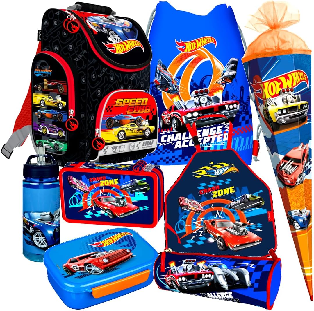 Hot Wheels Cars Cars 8 Pieces School Bag Satchel School Bag Tornister Bag Set with Sticker Kids4shop