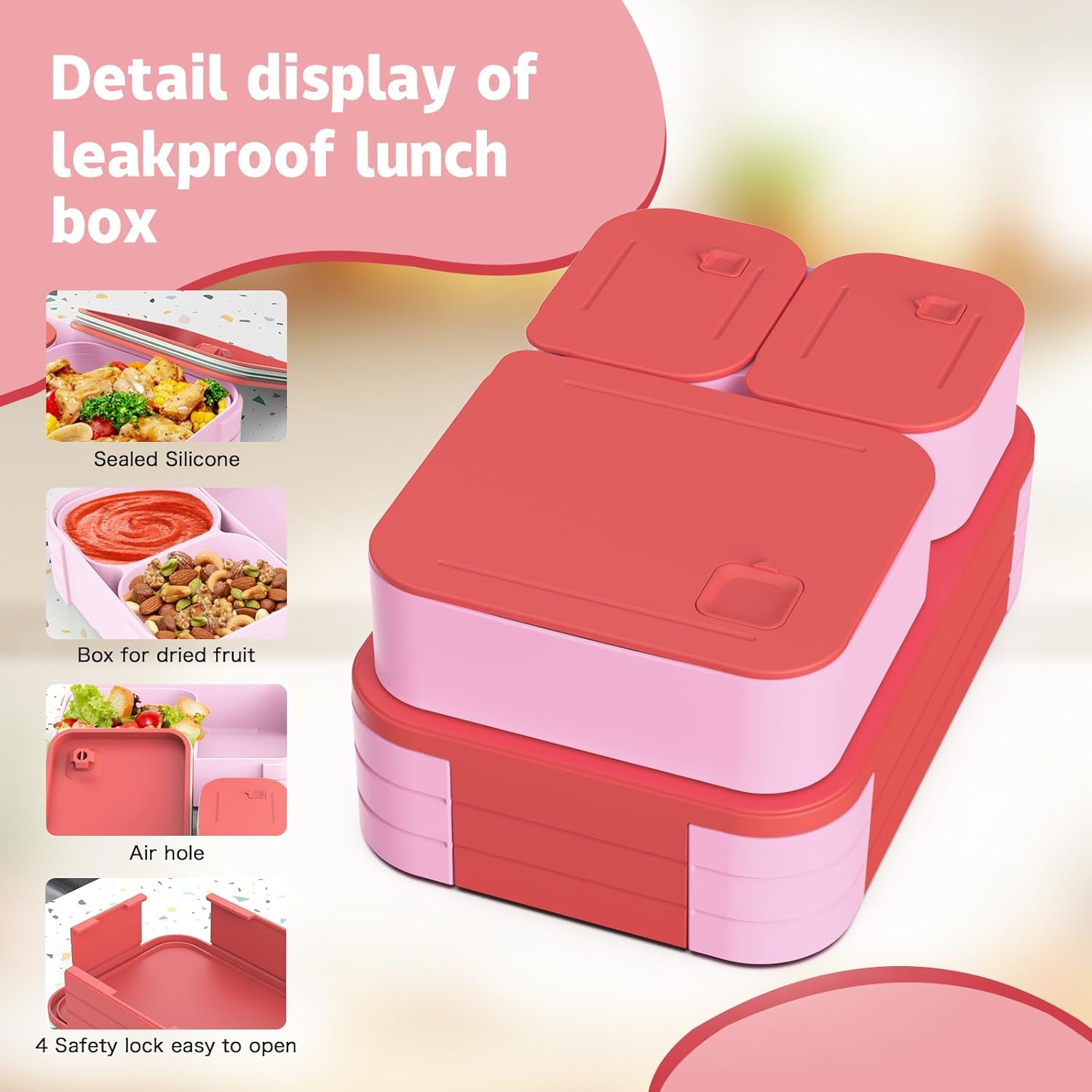 Children's Lunch Box with Compartments, Leak-Proof 3-in-1 Bento Box, Children's Lunch Box, Leak-proof Compartments, Lunch Box for Girls and Boys, Microwave/Dishwasher Safe (Pink) – Bild 4