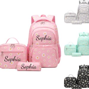 Personalised School Backpack Teenager Girls Set with Name Embroidery, 3-Piece School Bag 2nd to 5th Class with Lunch Bag Pencil Case, Children's Backpack School Waterproof & Lightweight School Bag