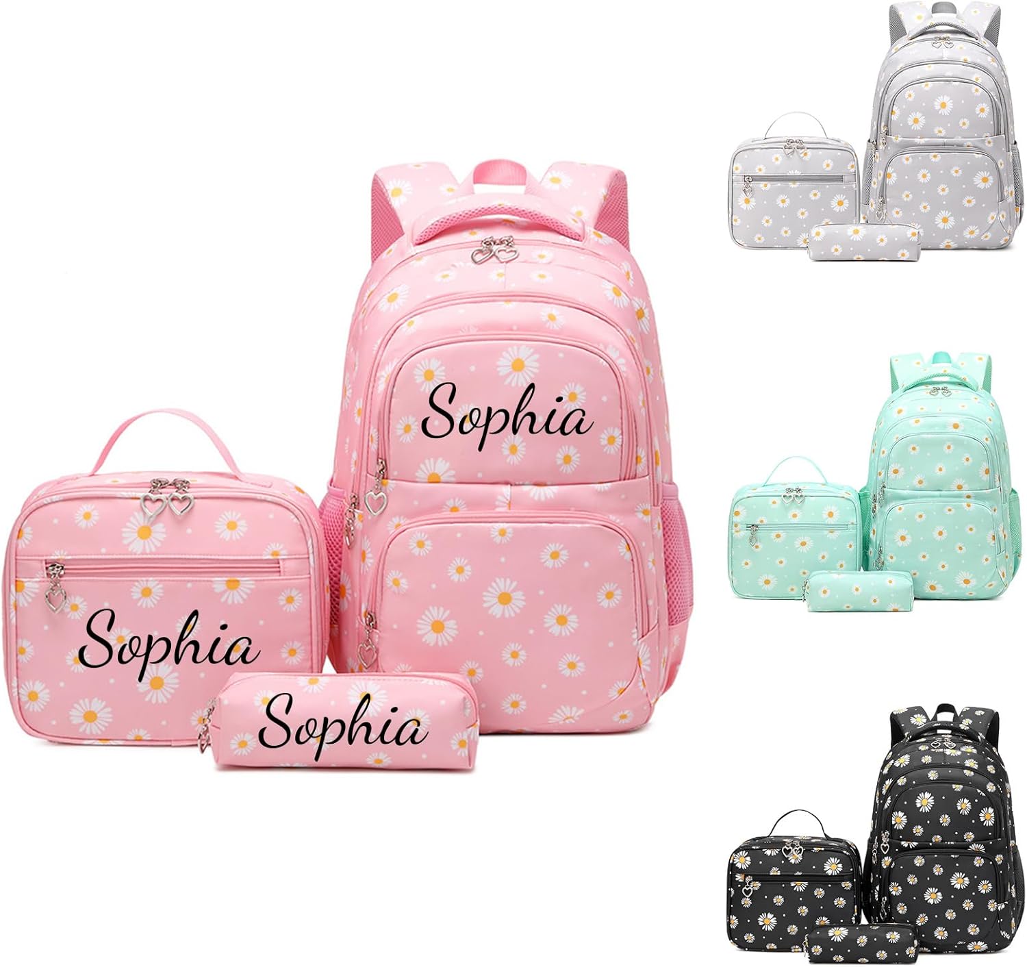 Personalised School Backpack Teenager Girls Set with Name Embroidery, 3-Piece School Bag 2nd to 5th Class with Lunch Bag Pencil Case, Children's Backpack School Waterproof & Lightweight School Bag