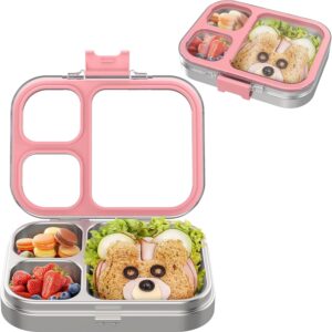 Stainless Steel Lunch Box with 3 Compartments, Bento Lunch Box Children Leak-Proof BPA Free, Dishwasher Safe, Perfect for School, Nursery and On the Go (Pink)