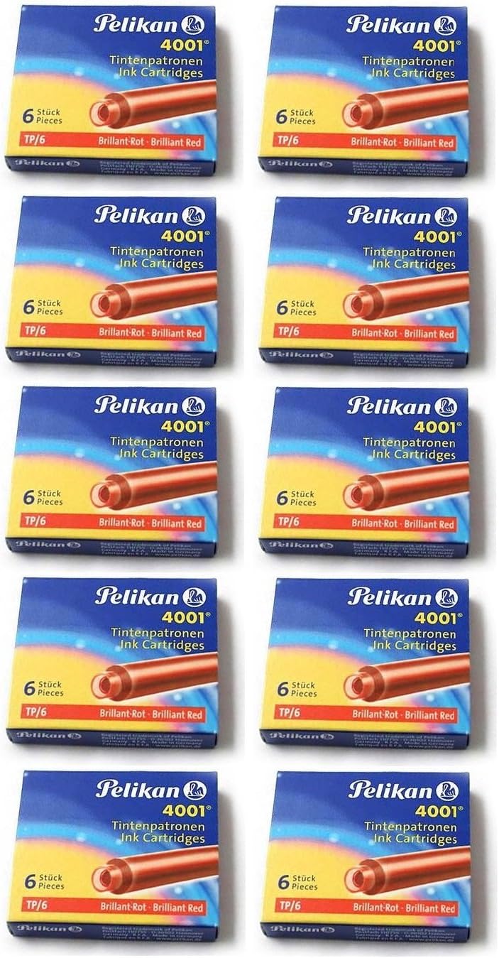 Pelikan 4001 Ink Cartridges TP/6 in 8 colors, 5 Pack of 10 – 5 x 6/10 x 6 Pelikan Original Ink Cartridges, red