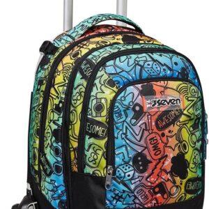 Seven Schulranzen Detach mit Trolley-Funktion, Rucksack mit Rollen, zum Ziehen, für Schule Sport Freizeit, ab 1. Klasse, 3 in 1, mit Trinkflaschenfach, mit kleinem Rucksack, für Kinder, mehrfarbig