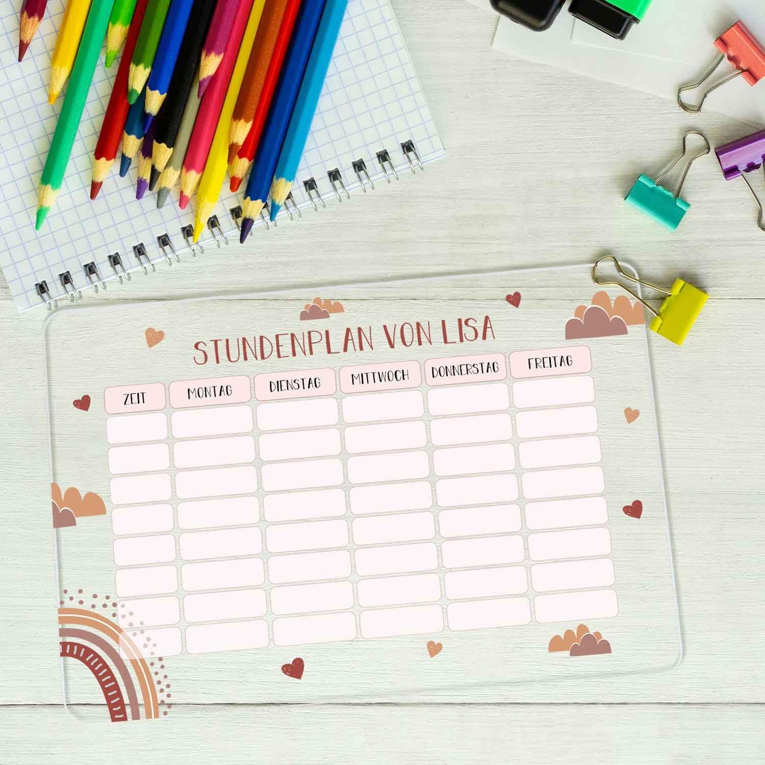 GRAVURZEILE Personalised Timetable - Rainbow with Name - Wipe-Clean Weekly Planner for Children Including Pen - Gift for the School Cone for First Day of School - Colour: Red – Bild 5