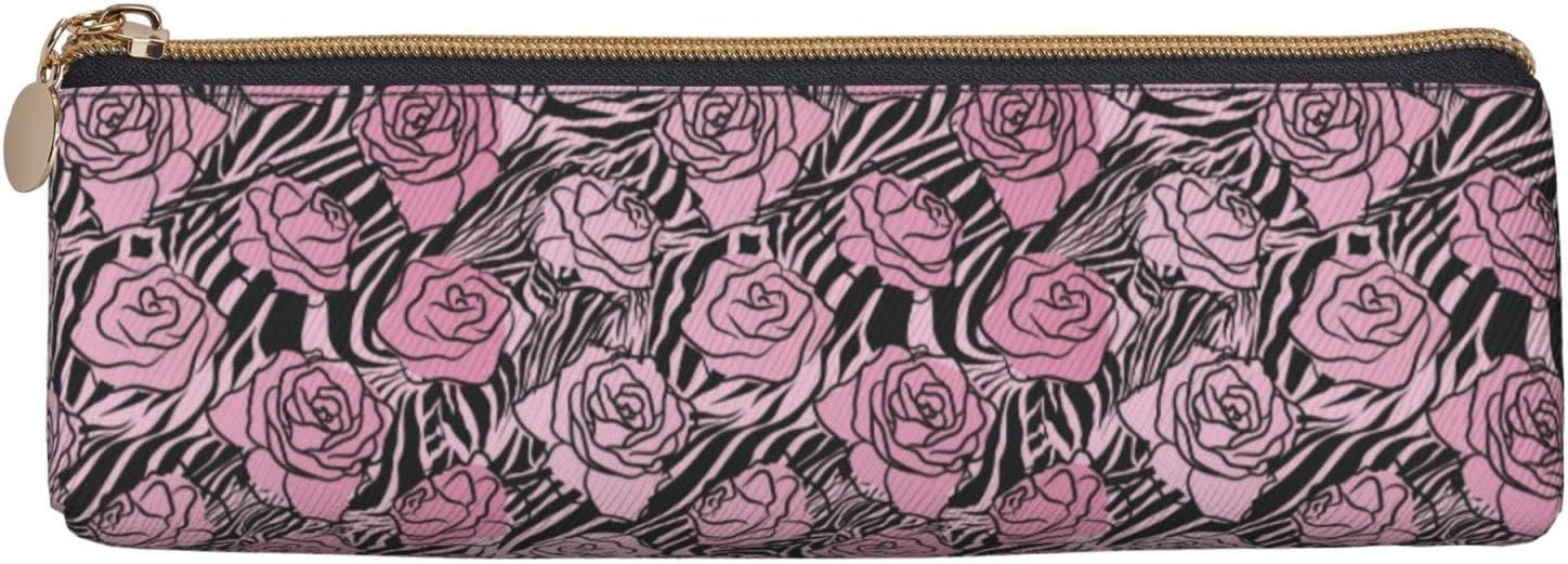 Federmäppchen mit Leoparden- und Rosen-Blumenmuster, Kosmetiktasche, Stifttasche, dreieckiges Leder, Aufbewahrungstasche mit Reißverschluss, Schreibwaren-Organizer für Erwachsene im Büro – Bild 3