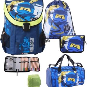 Familando Lego Ninjago School Bag Set 5 Pieces Easy School Bag Jay Filled with Pencil Case, Gym Bag, Rain Cover and Large Sports Bag Blue Ninja Jay