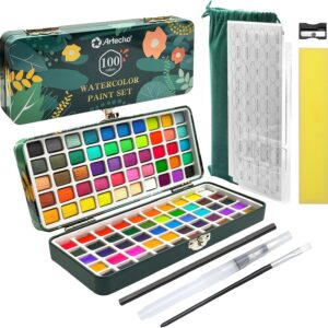 Artecho Watercolour Paint Set, 100 Colours, in a Portable Box, with Brush and Watercolour Paper, for Travel, Watercolours for Artists and Hobby Painters