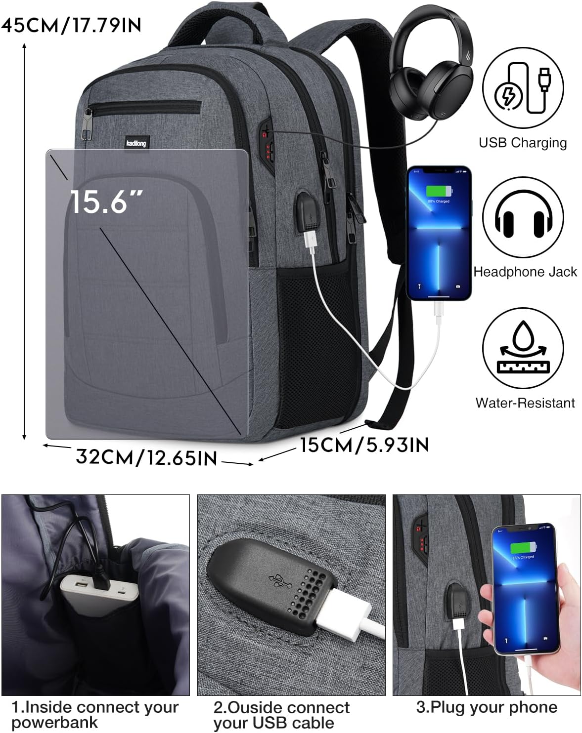 Men's 15.6 Inch Laptop School Backpack Boys Teenager Backpack School Bag for Work Hiking Travel Camping with USB Charging Port – Bild 6
