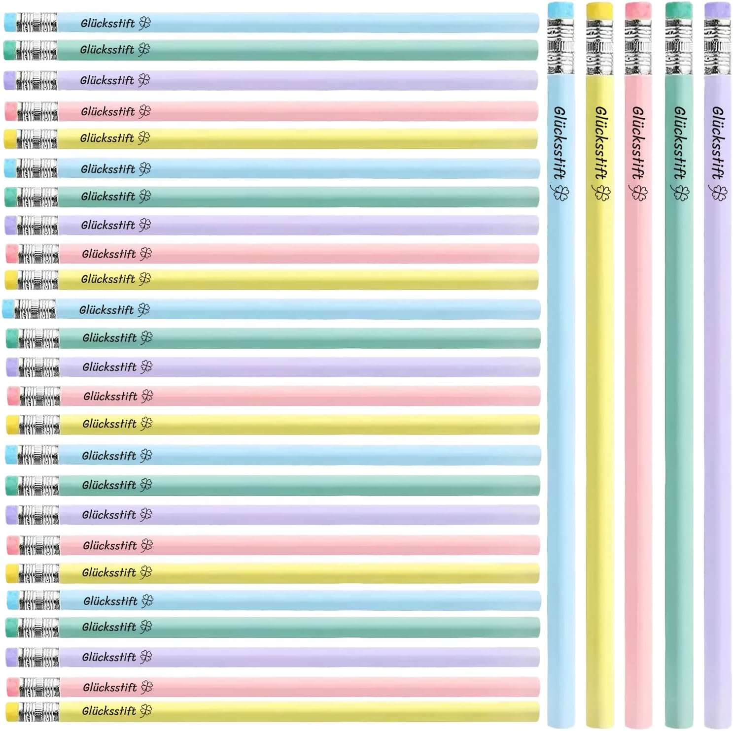 Pack of 30 Lucky Pencils, Lucky Pencils, Wooden Pencils HB Set with Eraser, Graphite Pencils for Drawing and Writing, 5 Colours Pencil Personalised for Students, Teachers and Colleagues