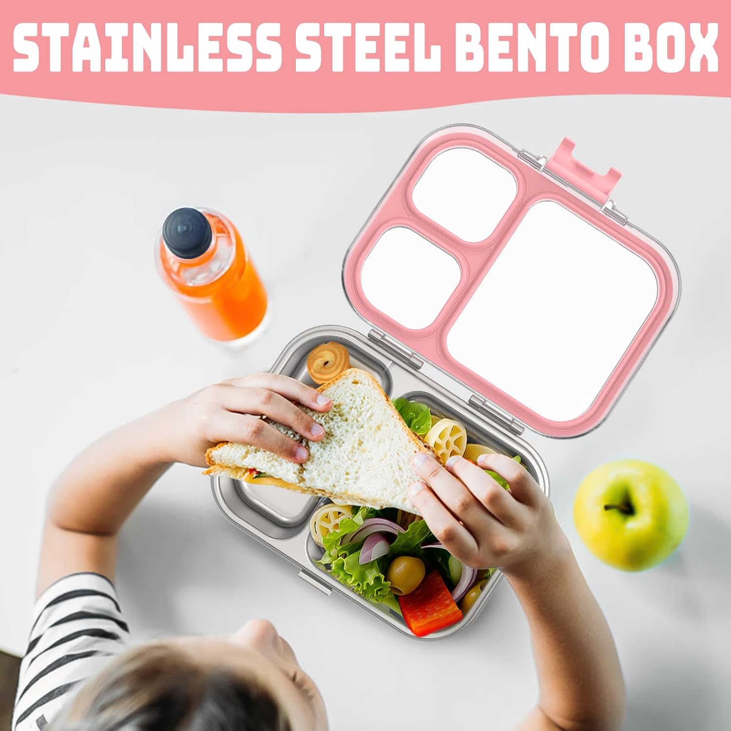 Stainless Steel Lunch Box with 3 Compartments, Bento Lunch Box Children Leak-Proof BPA Free, Dishwasher Safe, Perfect for School, Nursery and On the Go (Pink) – Bild 5