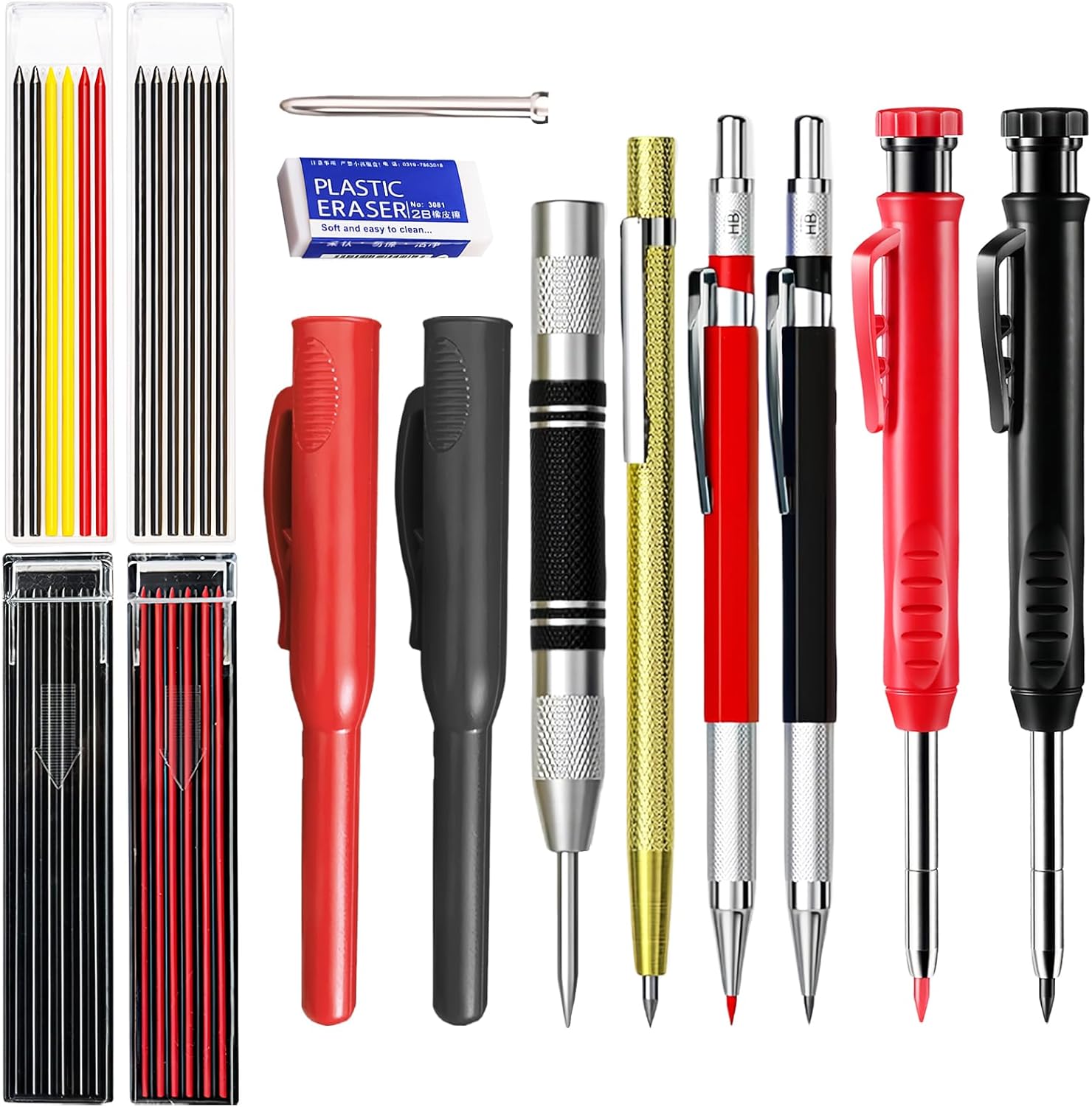 flintronic Deep Hole Marker Pencil Set, Set of 14 Carpenter's Pencils with 40 Leads, Construction Site Pencil, Carpenter's Pencil with Case, Robust Construction Pencil for Architects