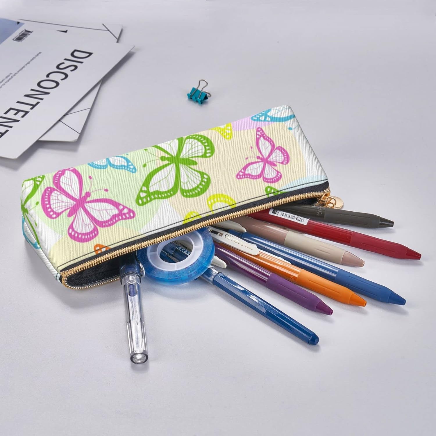 Süßes Federmäppchen mit Schmetterlingsdruck, dreieckiges Stiftetui, tragbares Federmäppchen, Leder-Organizer mit Reißverschluss, Kosmetiktasche – Bild 7