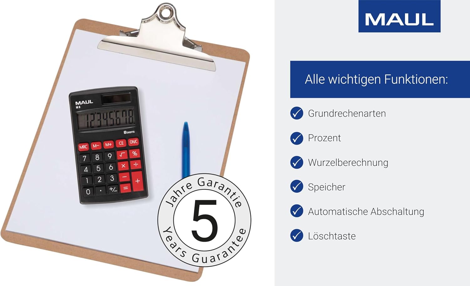 MAUL Calculator M8, Calculator with Large 8-Digit Display, Standard Functions for Office, School, Function Keys, Colourful, Solar Calculator with Battery Use in the Dark, Black – Bild 5